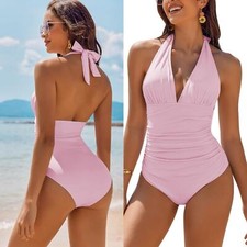 NWT Halter One Piece Swimsuit Tummy Control Bathing Suits Ruched Deep V Neck