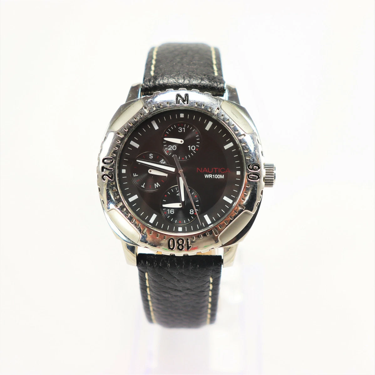 Nautica Men s Stainless Steel Leather Band Wristwatch Vintage New