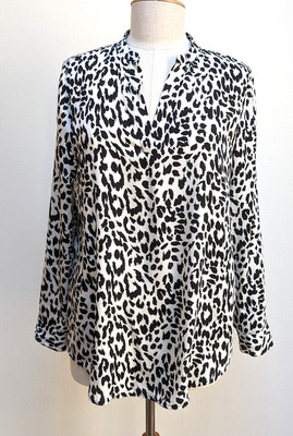 Chicos Leopord Tunic Shirt Top Size S Roll Up Sleeve Split Neck