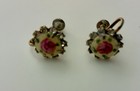 Antique Screw Back Eglomise Enamel Rose Motif With Rhinestones Earrings — photo 2