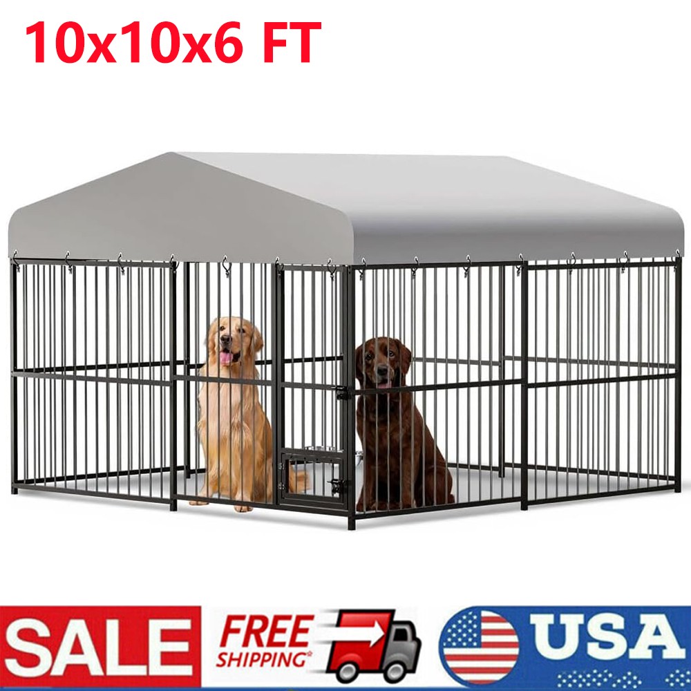 10X10X6 ft Black Outdoor Dog Kennel Heavy-Duty Outdoor Enclosures with Lock UV-Resistant Waterproof Roof Cover Swivel Stainless Steel Feeding Bowl