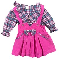 Vintage 2T Romper Girls Dress Pink W/plaid Bows Ruffle Shirt Heart Corduroy
