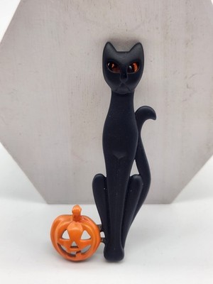 Vintage Rare AJC Halloween Black Cat Orange Eyes & Orange Pumpkin Pin