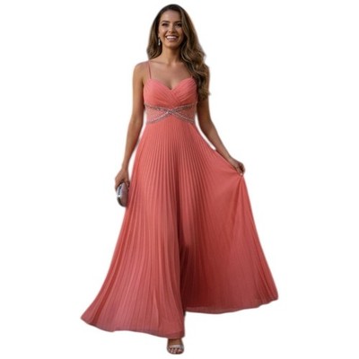 Bee Darlin Dress Womens 6 Peach Pleated Chiffon Rhinestone Cutout Maxi Prom Gown