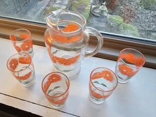 Orange Juice Set VINTAGE Anchor Hocking 6 Pc - 8”Pitcher & 5 - 3.75"Glasses EUC!