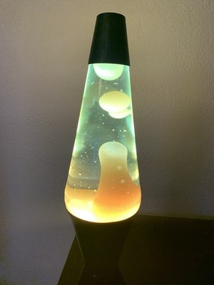 Vintage 90s 16 Inch Lava Lamp Lite Black Base Yellow/White Wax Clear Liquid