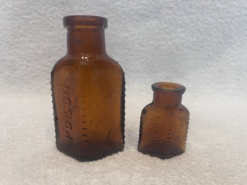 2 Antique Triangle POISON Medicine Bottle Double Embossed Amber 3 5/8” And 2”