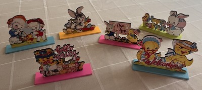 6 Pcs. Vintage Look Happy Easter Table Signs Wooden Peeps&Bunny Table Decor New