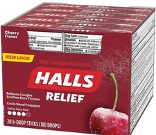 Halls Cherry Cough Drops - with Menthol - 180 Drops 20 sticks of 9 drops 