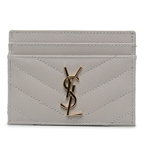 Saint Laurent Chevron Grain De Poudre Cassandre Card Holder Pre-Loved Light Gray