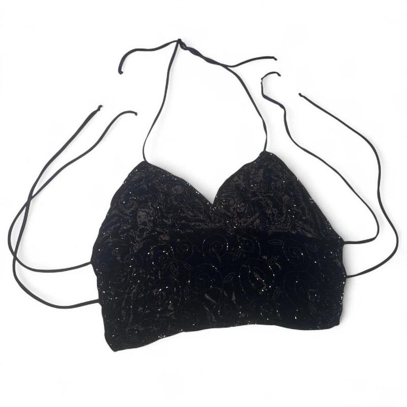 Vintage 90s Y2K Backless Beaded Halter Black 