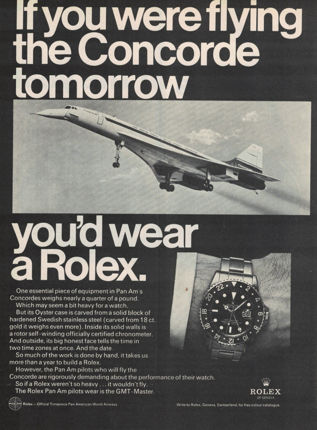 ROLEX OROLOGIO Oyster GMT Master Concorde Pan Am Pubblicità 1 Pagina vintage '70
