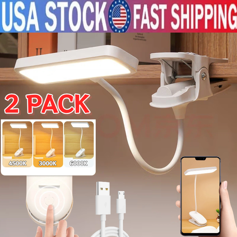 2X LED Reading Book Light w/Clip Flexible USB Rechargeable Bed Desk US STOCK