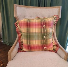 Vintage Plaid Pillow Large Soft Pink Sage Green & Yellow Euro Pillow Cottagecore