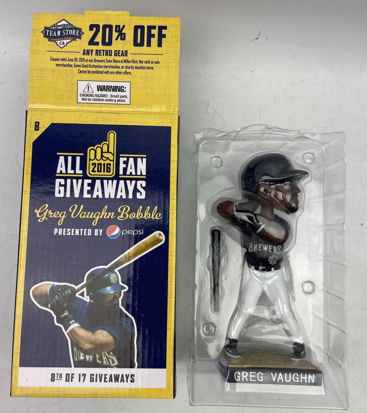 ⭐ 2016 Milwaukee Brewers Team Baseball Greg Vaughn 23 Collectible Bobblehead ⭐