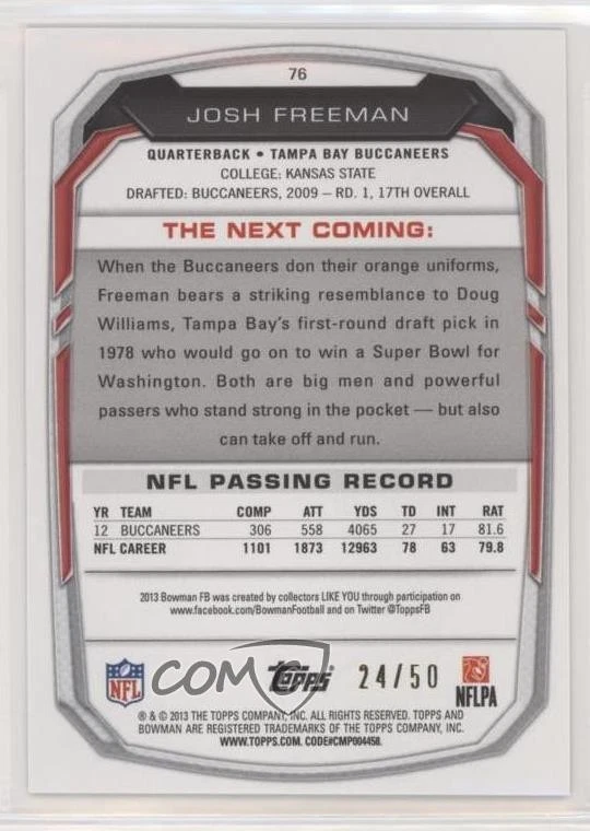 2013 Bowman Green Ice /50 Josh Freeman #76 - Image 2 of 2