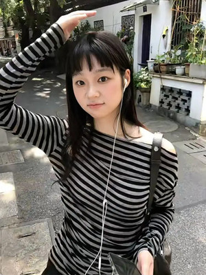Japan Style Damen Langarm T-Shirt Schlupfärmel Off Shoulder Gestreift Slim