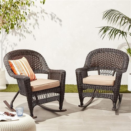 Pemberly Row Rocker Wicker / Rattan Chair - Espresso with Tan Cushion (Set of 2) - Picture 2 of 6