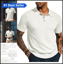 Mens Knit Polo Shirt Short Sleeve Texture Hollow Out Casual Breathable Work