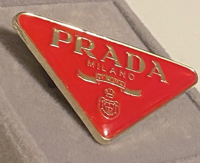 Prada enameled-metal triangle Gold logo brooch pin red - Jewelry