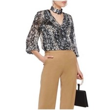 Alice + Olivia Women’s Sz S Gray Burnout V-Neck Puff Sleeve Top Blouse