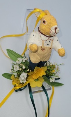 Paper Machee Easter Bunny Ornament With Yellow Hanging Ribbon