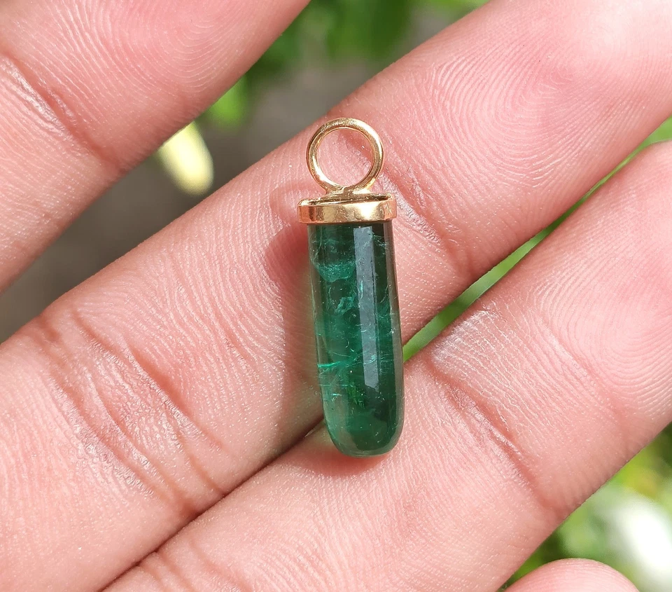 Pencil Emerald Charm Pendant 18k Solid Gold Charm Handmade Neckless Pendant - Image 3 of 4
