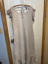 Linen sand dress womens Medium Made in Italy Cool summer sleeveless ruffled