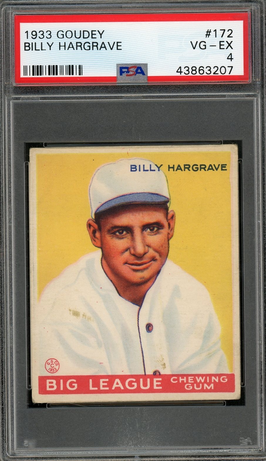 1933 GOUDEY #172 BILLY HARGRAVE PSA 4 WELL CENTERED