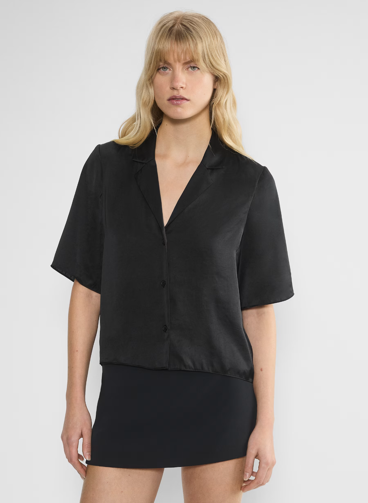 Aritzia Wilfred Beso Satin Button Up Top Short Sleeve Black Size 2X NWT $98