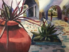 B SIEGAL - Colorful Courtyard With Figures - Signed