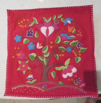 Jan Constantine Nordic COVER  Embroidered Felted Wool Hearts Tree Throw Pillow