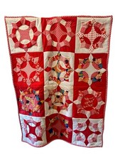 Vintage 1970"s Handmade 32" X 43" Red White Patchwork Wall Hanging Quilt