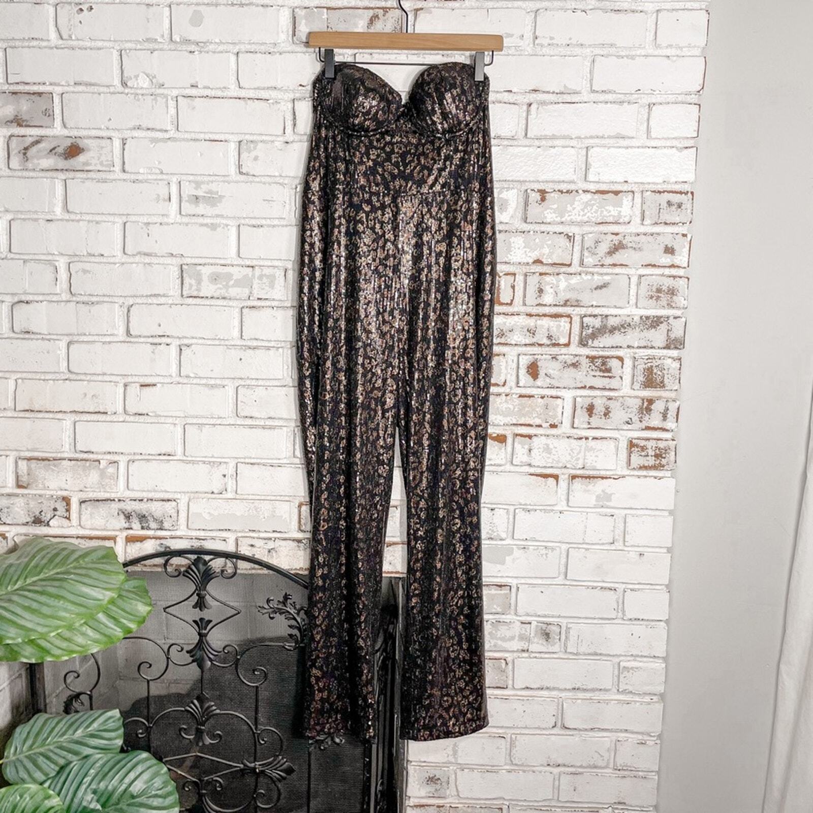 House of Harlow 1960 X Revolve Teri Leopard Sequin Strapless Jumpsuit XL