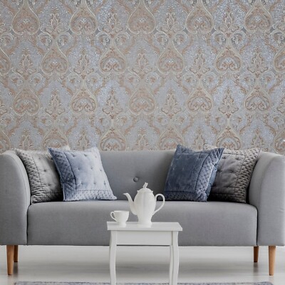Victorian dark gray bronze gold metallic ogee damask textured Wallpaper rolls 3D