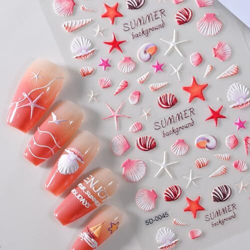 5D Embossed Ocean Life Nail Art Stickers Starfish Seashell Sea Horse Coral - Picture 3 of 7