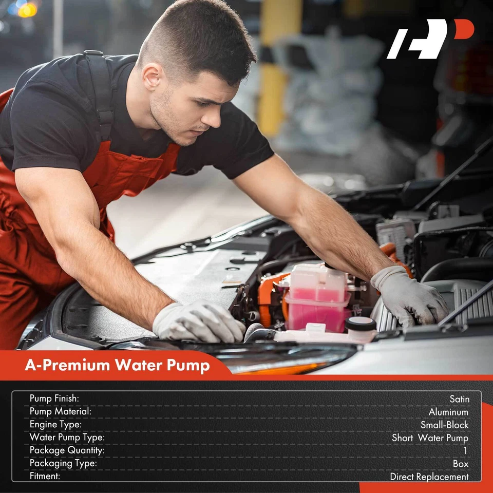 Bomba de agua corta de alto volumen de aluminio satinado A-Premium con junta para Chevy Impala Foto 2 de 4