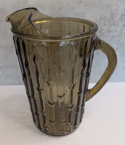 MCM Vintage Anchor Hocking Glass Pitcher TAHITI Gold Amber Bamboo Tiki w/Ice Lip