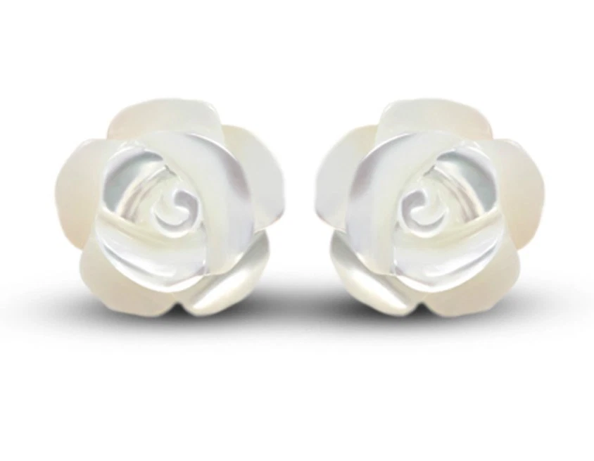 925 Sterling Silver White Mother of Pearl Camellia Flower Stud Earrings Gift - Image 2 of 4