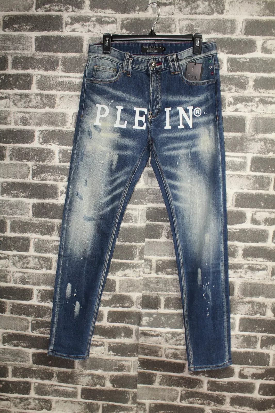 NEUF avec jean homme Philipp Plein Straight Supreme « Skull » en bleu esprit S