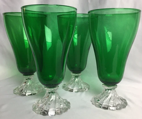 VTG Forest Green Anchor Hocking Boopie Burple Footed Iced Tea Glasses ~ Set of 4
