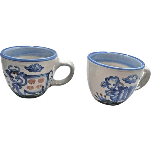 Vintage M.A. Hadley Stoneware Flat Coffee/Tea Cups Cow & Lamb Country Scene Blue