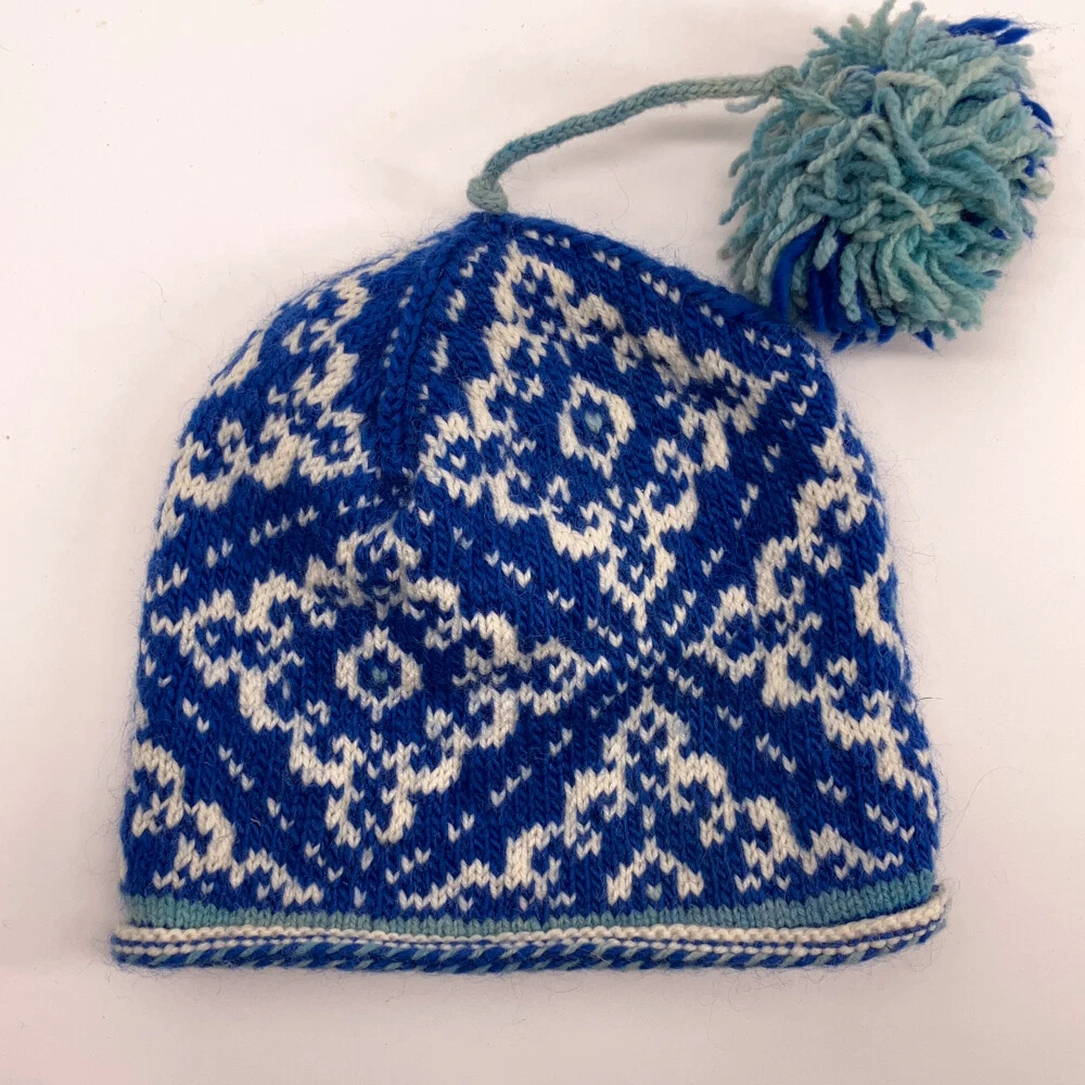 Retro Blue White Diamond Pattern Knit Pom Pom Hat