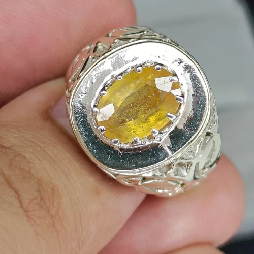 9.25 Ratti 8.55 Carat Natural Yellow Sapphire Pukhraj Stone Panchdhatu  Adjustable Silver Ring for Men and Women