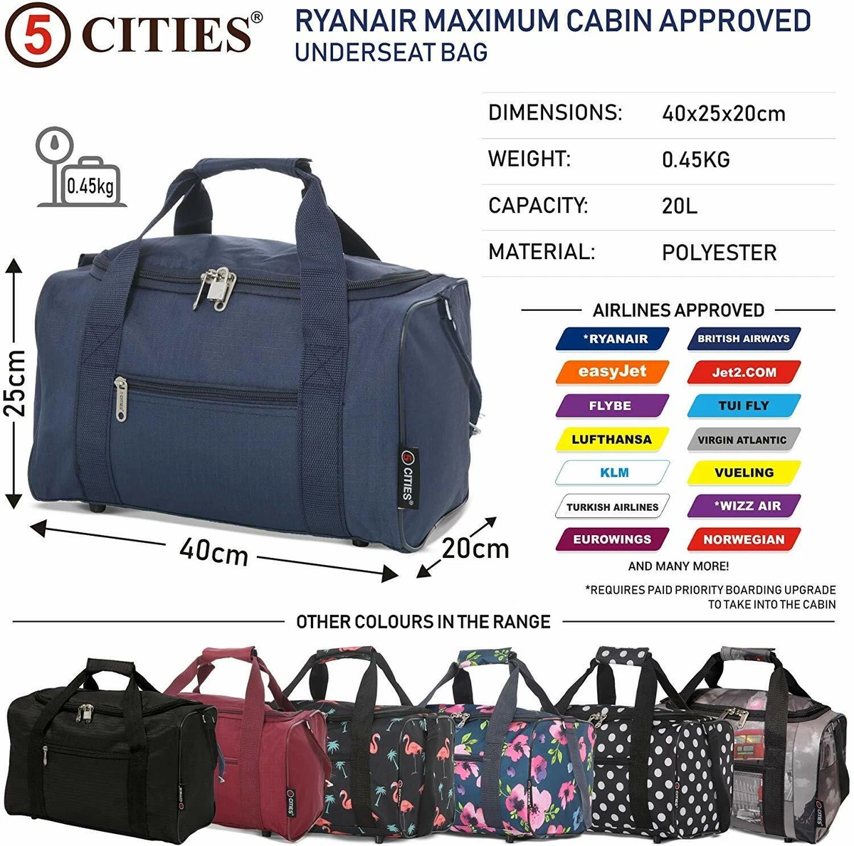 Fraternidad Mira papel Ryanair 40x20x25 cm equipaje de mano cabina de viaje bolsa de vuelo debajo  del asiento bolsa de soporte | eBay