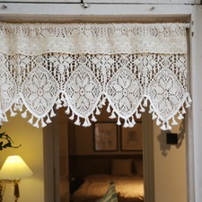 Retro Crochet Half Curtain Hollow Floral Tassel Fringe Window Door Panel Drape