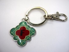Letter F Initial Keychain Monogram Keyring Teal Red Quatrefoil Design Metal Bag