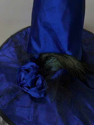 Fancy BLACK & BLUE WITCH HAT Tulle Feathers FABRIC ROSES  display picture 1