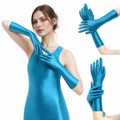 Damen Glitzer Oil Satin Fäustlinge Mid-Lang Cosplay Party Fünf-finger Handschuhe