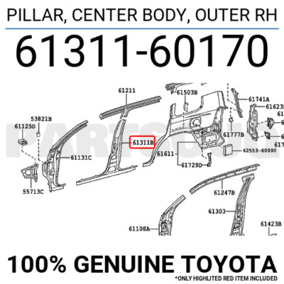 6131160170 Genuine Toyota PILLAR, CENTER BODY, OUTER RH